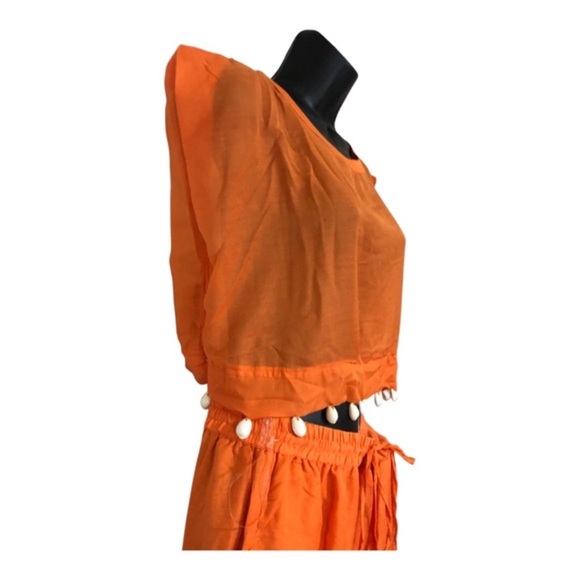 Orange 2 piece sheer cowrie shell adorned crop top and split leg pants beach set - Picture 5 of 17